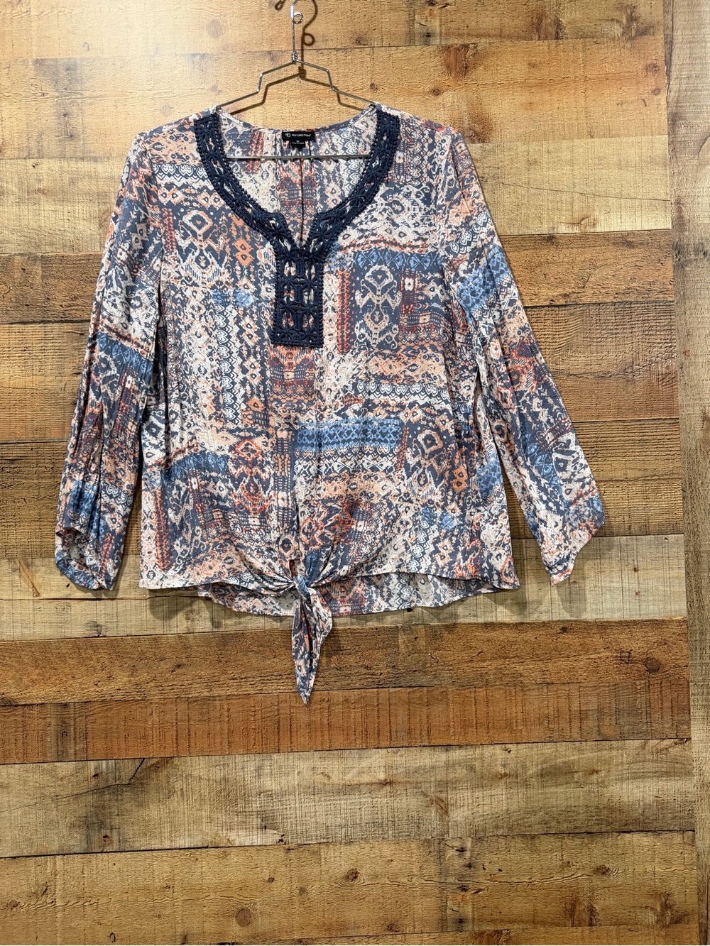 New Directions from Belk Mixed Print Tie-Front Blouse in Blue and Peach Size XL